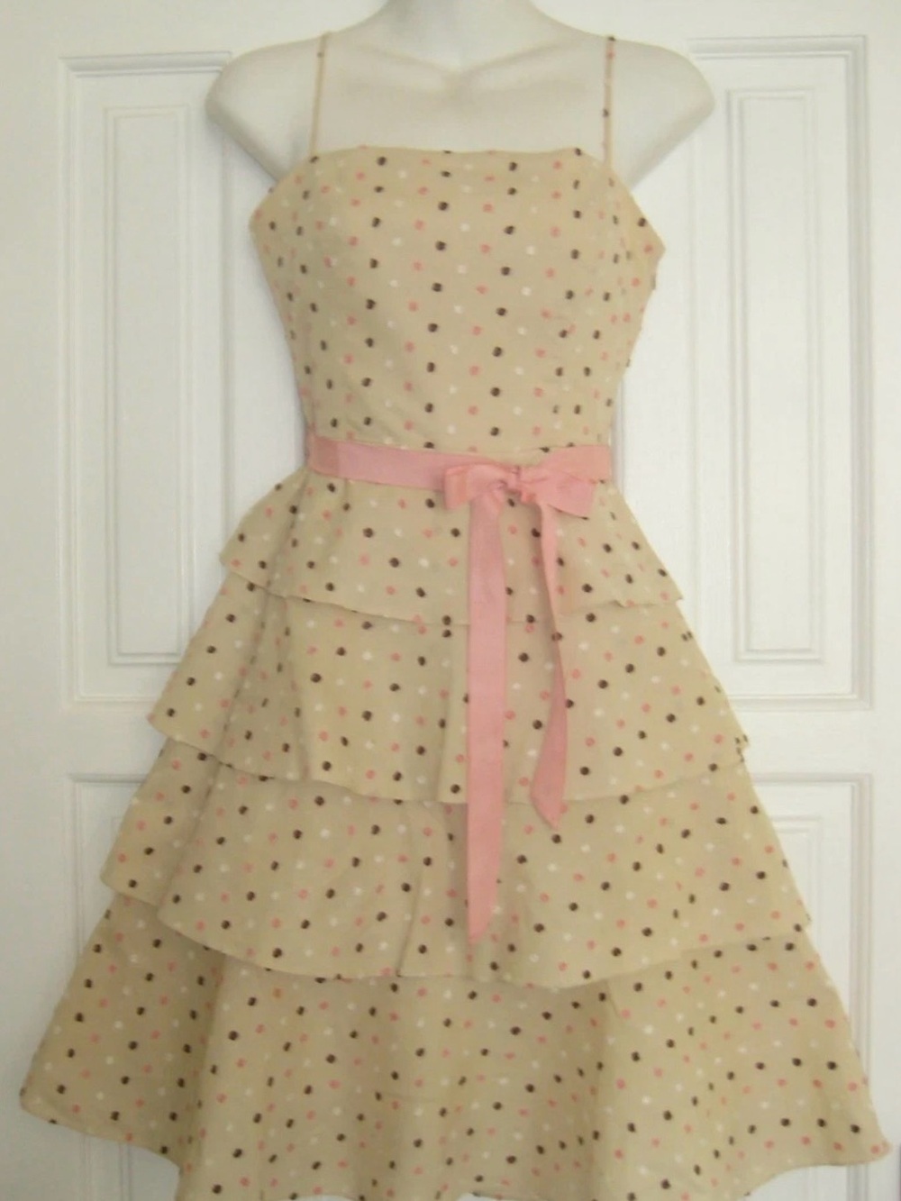 BCBG Max Azria Beige Polka Dot Tiered Dress with Pink Sash
